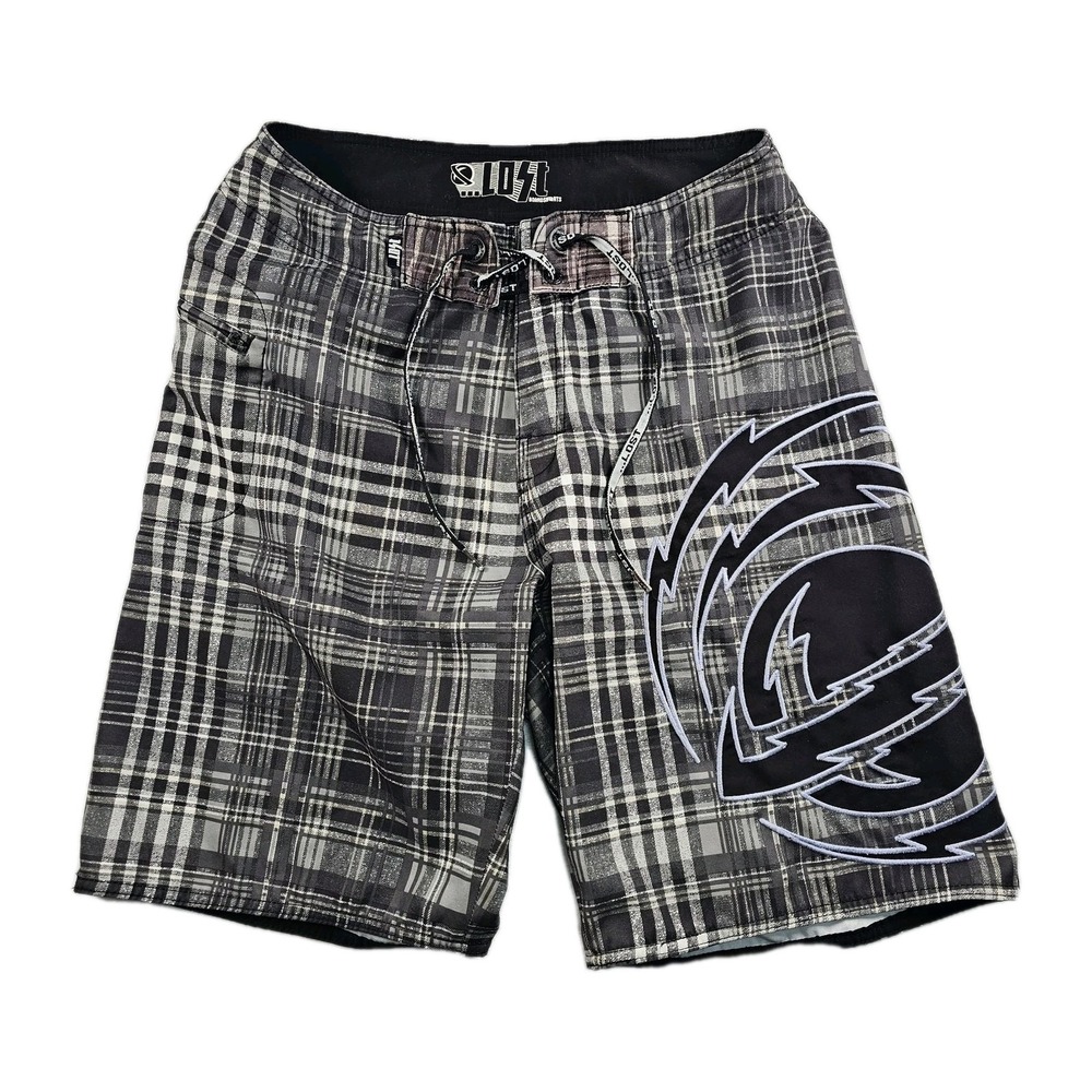 Vtg Lost Enterprises Boardshorts Mens 31 Y2K Plaid Embroidered 90s Drawstring